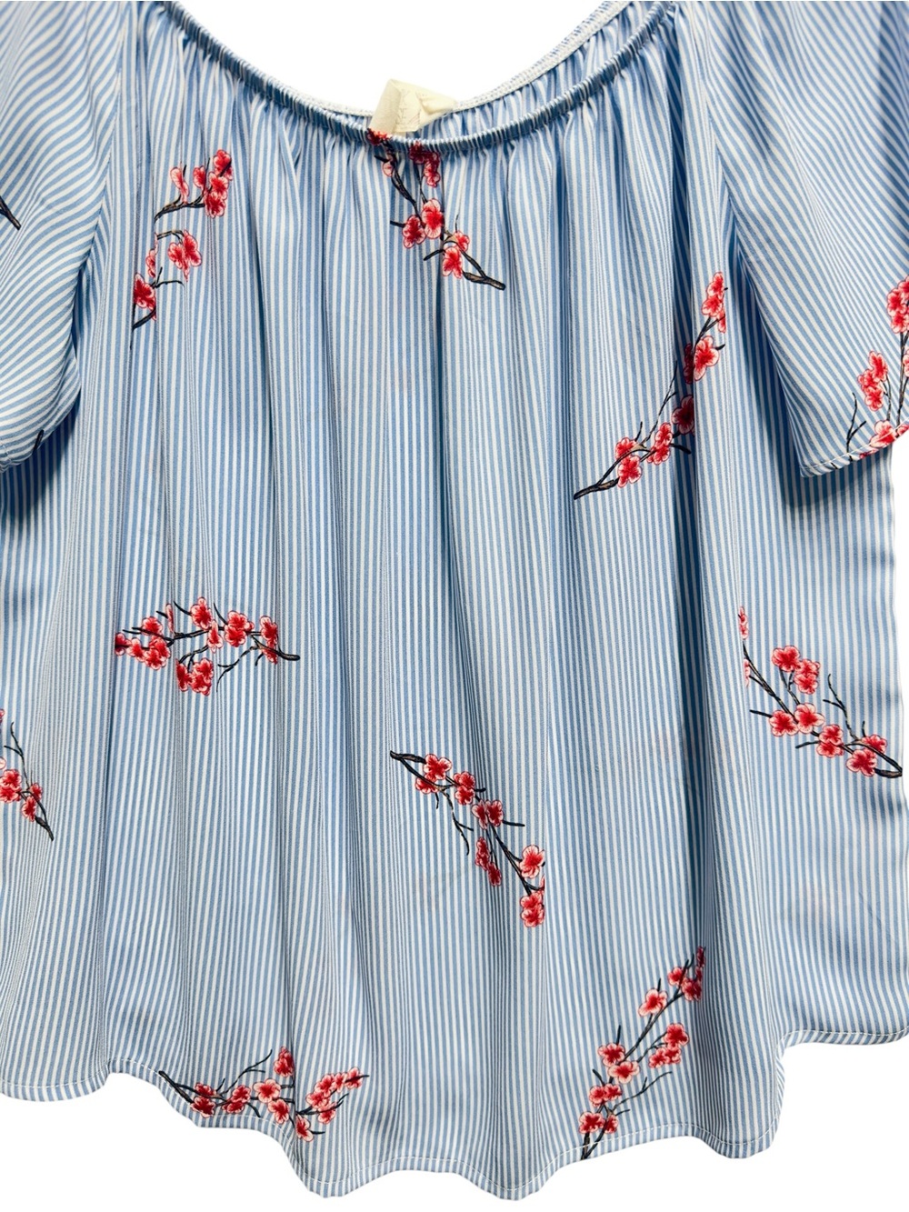 Satin Knit Pinstripe Floral Vines Off Shoulder Blouse Top - Picture 7 of 10